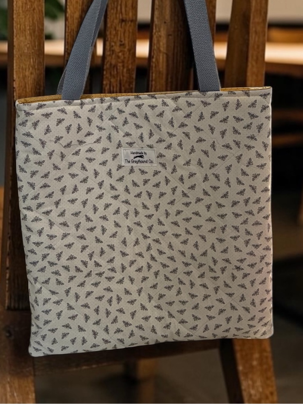 Handmade Busy Bee Quilted Tote Bag with Cream Straps